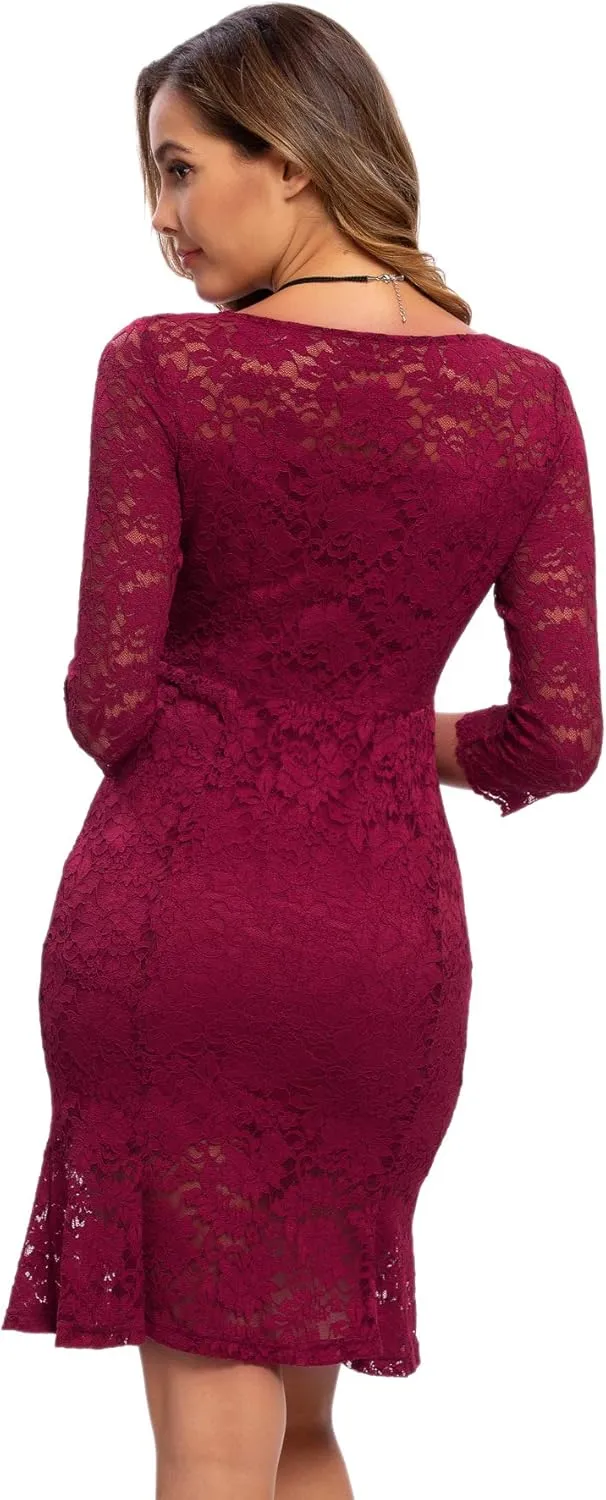 Womens Lace Floral Overlay Sexy V Neck Evening Cocktail Party Mermaid Bodycon Dresses