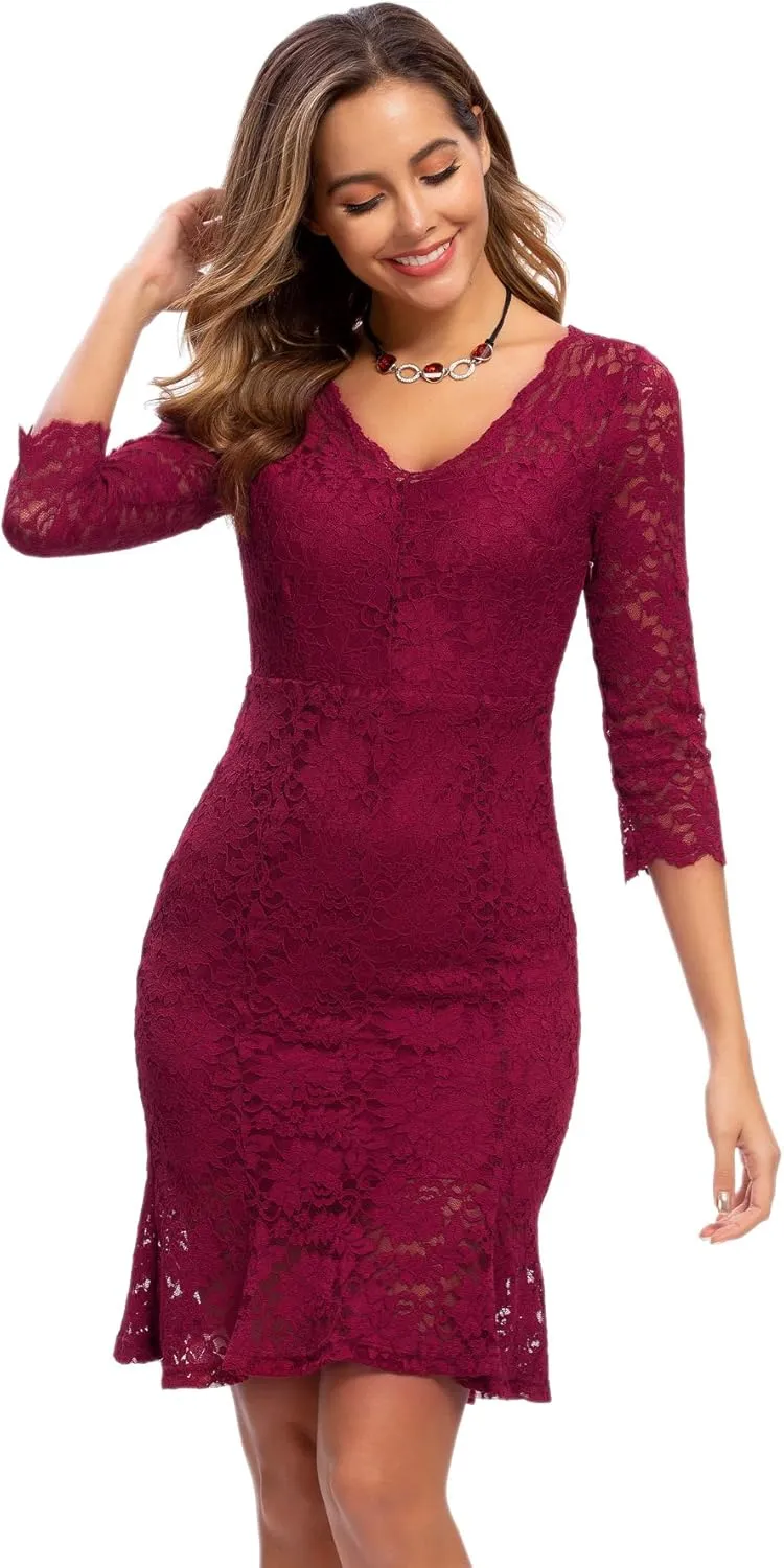 Womens Lace Floral Overlay Sexy V Neck Evening Cocktail Party Mermaid Bodycon Dresses