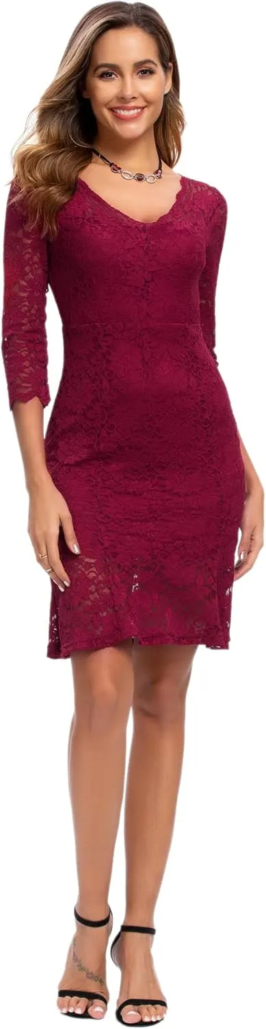 Womens Lace Floral Overlay Sexy V Neck Evening Cocktail Party Mermaid Bodycon Dresses