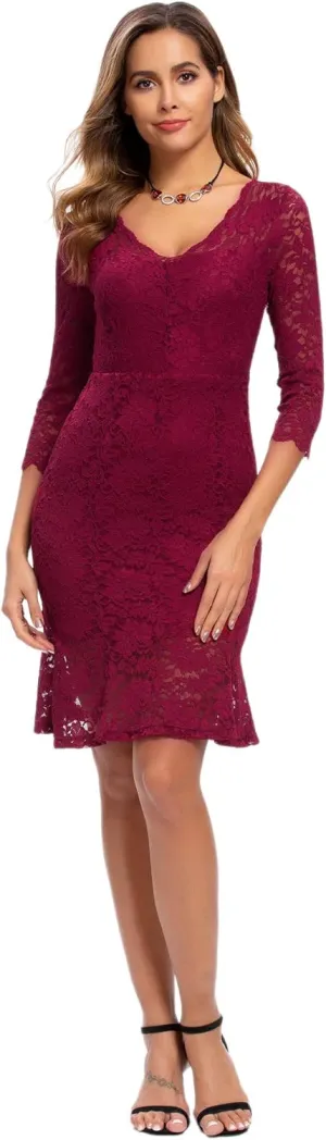 Womens Lace Floral Overlay Sexy V Neck Evening Cocktail Party Mermaid Bodycon Dresses