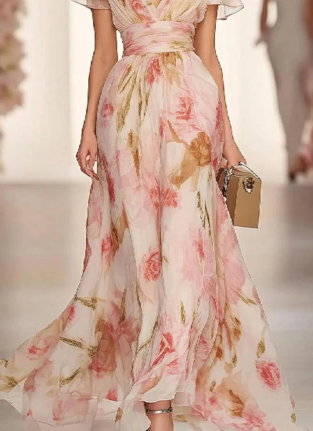 Womens Maxi Dress Floral Printed Elegant V Neck Flutter Sleeve Evening 2025 Spring Summer Dress