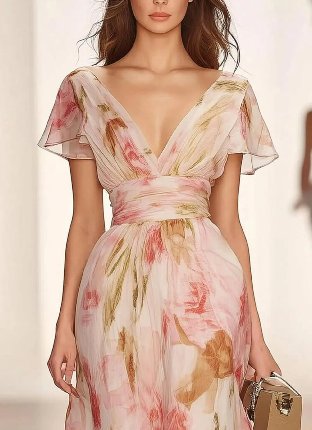 Womens Maxi Dress Floral Printed Elegant V Neck Flutter Sleeve Evening 2025 Spring Summer Dress