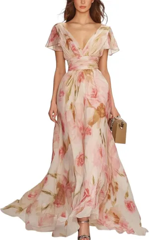 Womens Maxi Dress Floral Printed Elegant V Neck Flutter Sleeve Evening 2025 Spring Summer Dress