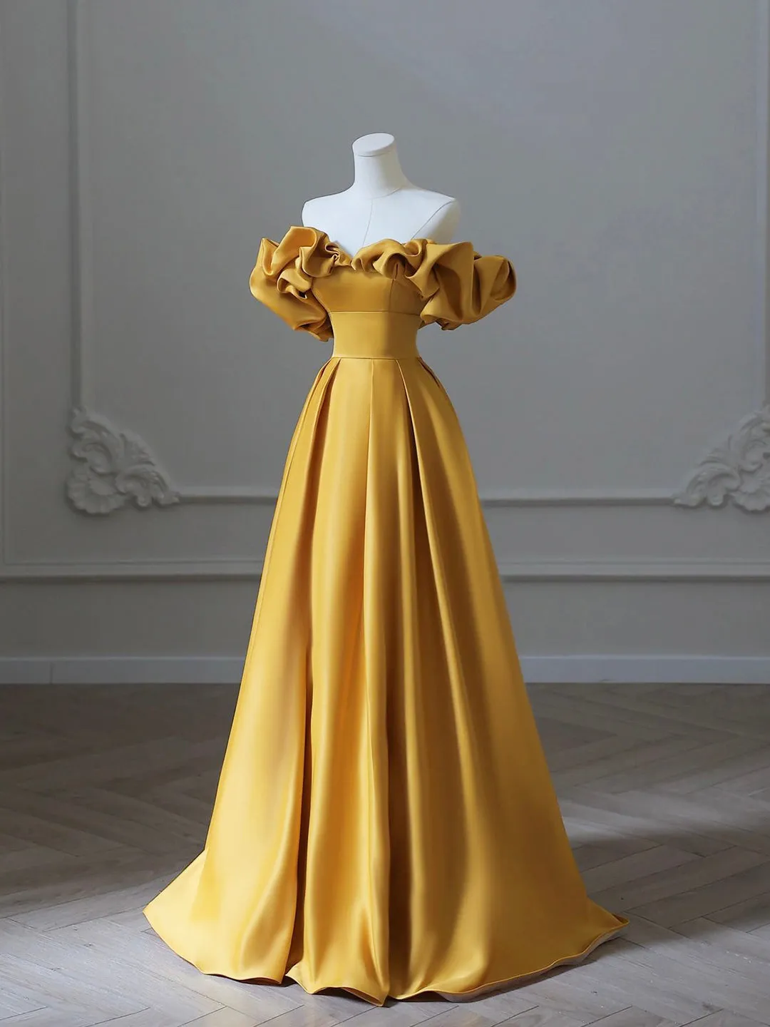 Yellow Satin Long Prom Dress Off Shoulder A-Line Evening Dress
