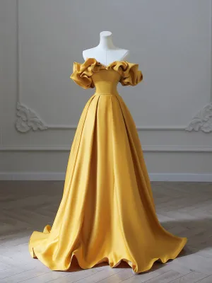 Yellow Satin Long Prom Dress Off Shoulder A-Line Evening Dress