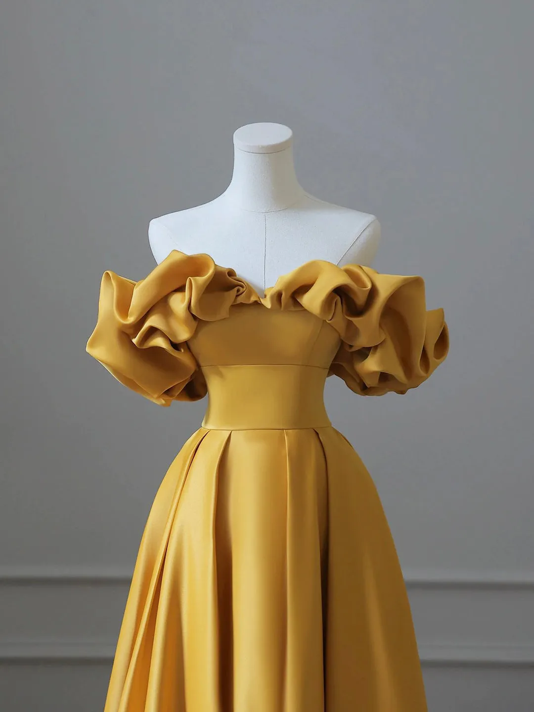 Yellow Satin Long Prom Dress Off Shoulder A-Line Evening Dress