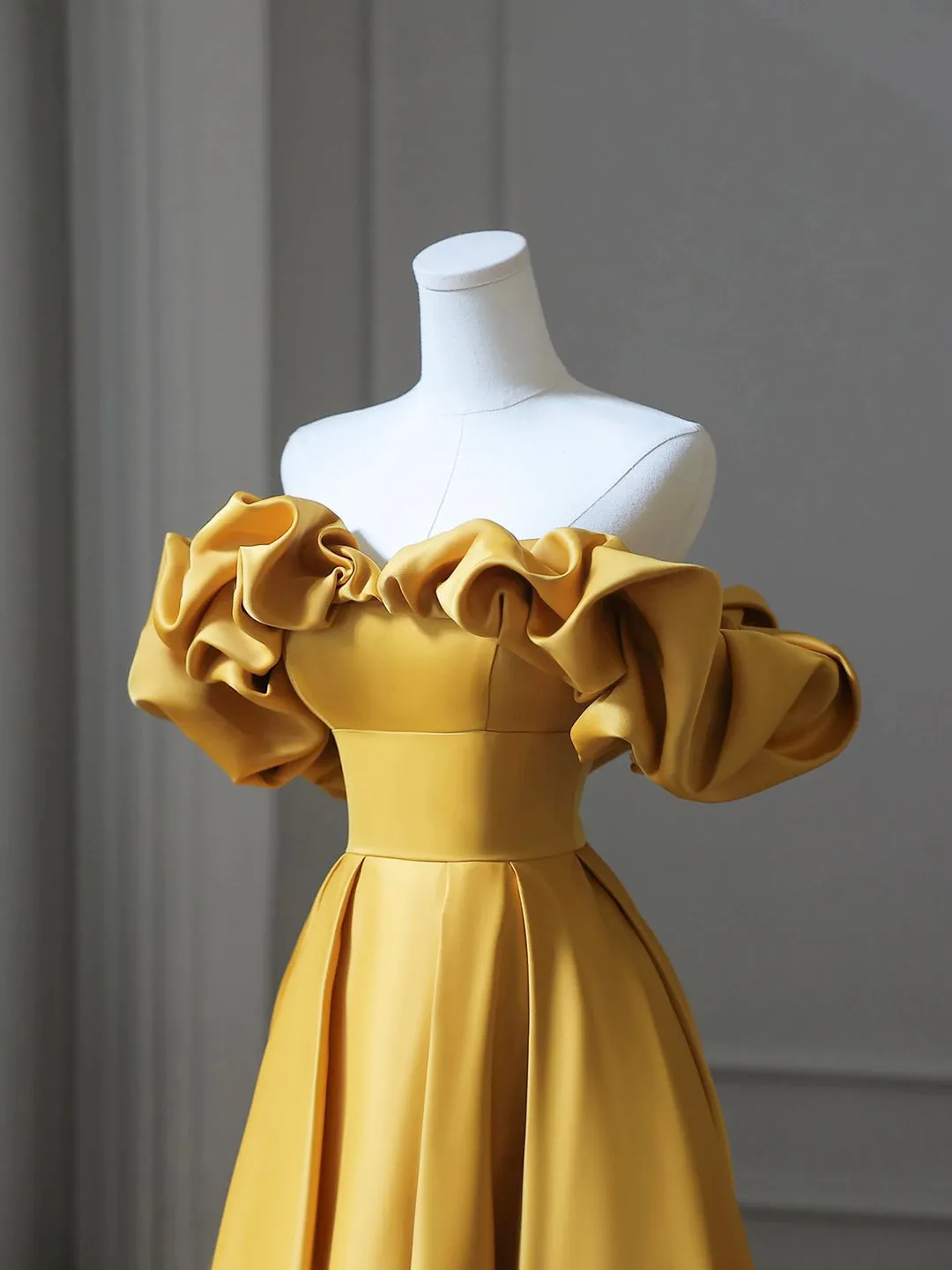 Yellow Satin Long Prom Dress Off Shoulder A-Line Evening Dress