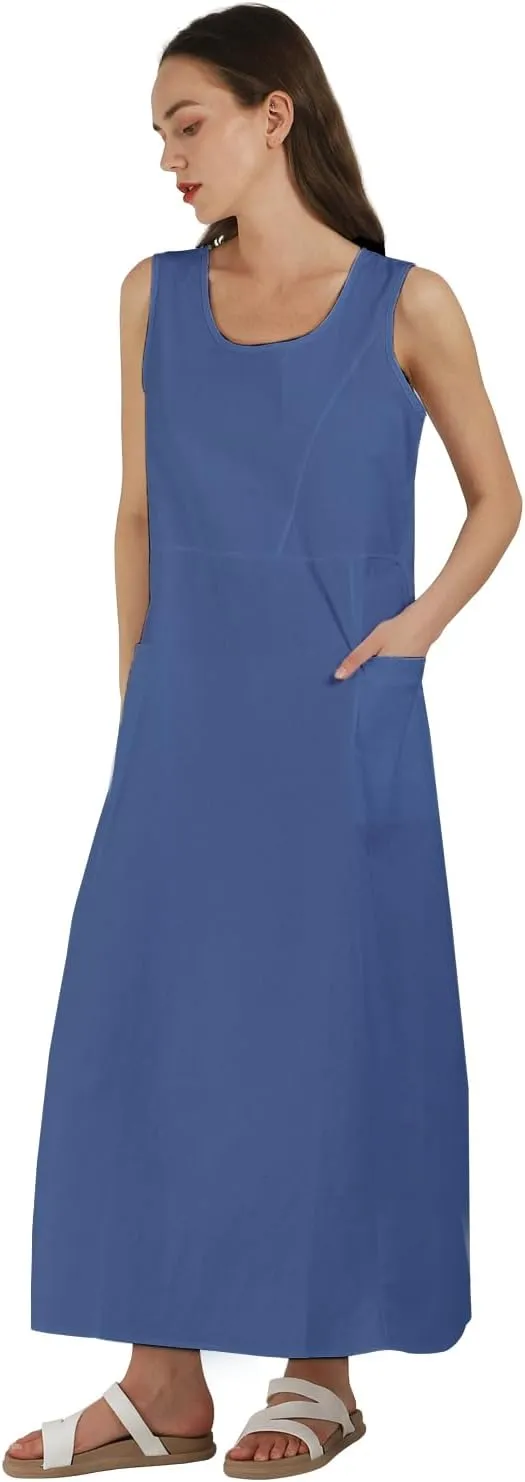 yoeasy Women's Cotton Linen Casual Loose Pockets Long Dress Plain Sleeveless Tank Dress