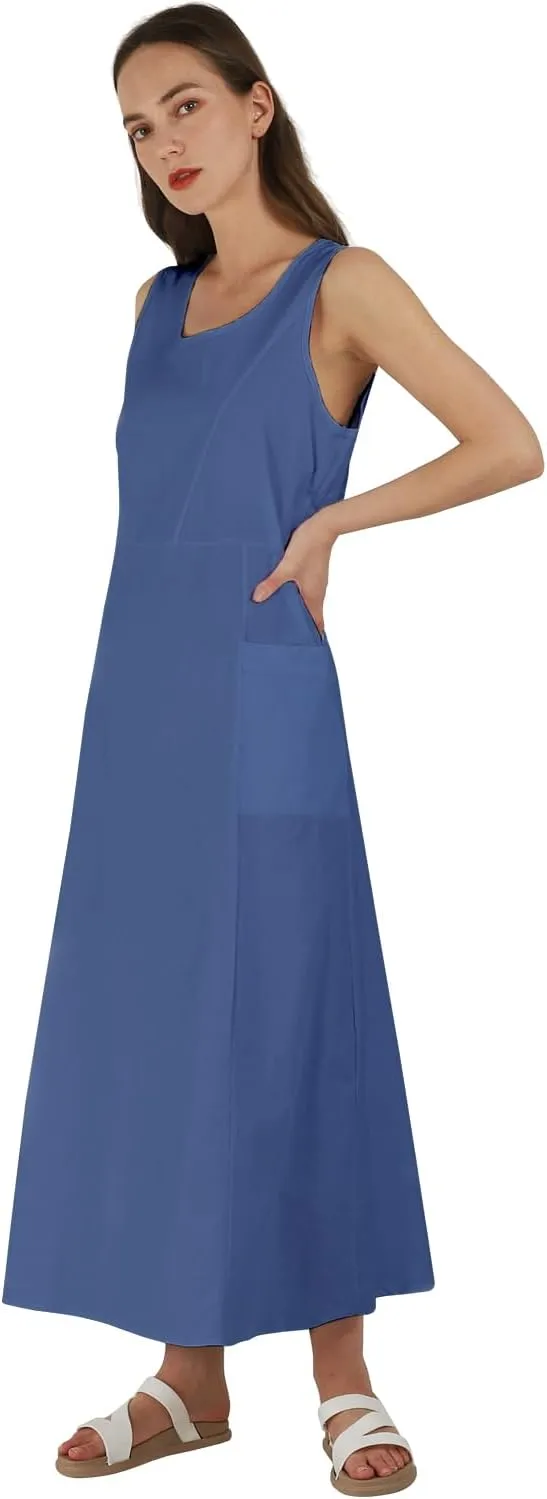 yoeasy Women's Cotton Linen Casual Loose Pockets Long Dress Plain Sleeveless Tank Dress