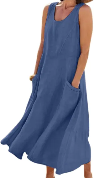 yoeasy Women's Cotton Linen Casual Loose Pockets Long Dress Plain Sleeveless Tank Dress