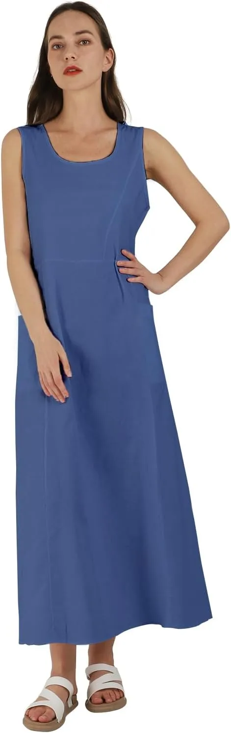 yoeasy Women's Cotton Linen Casual Loose Pockets Long Dress Plain Sleeveless Tank Dress